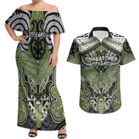 Aotearoa Iwi Whakatohea Personalised Couples Matching Off Shoulder Maxi Dress and Hawaiian Shirt Maori Kowhaiwhai Pattern LT19 Olive Green - Polynesian Pride