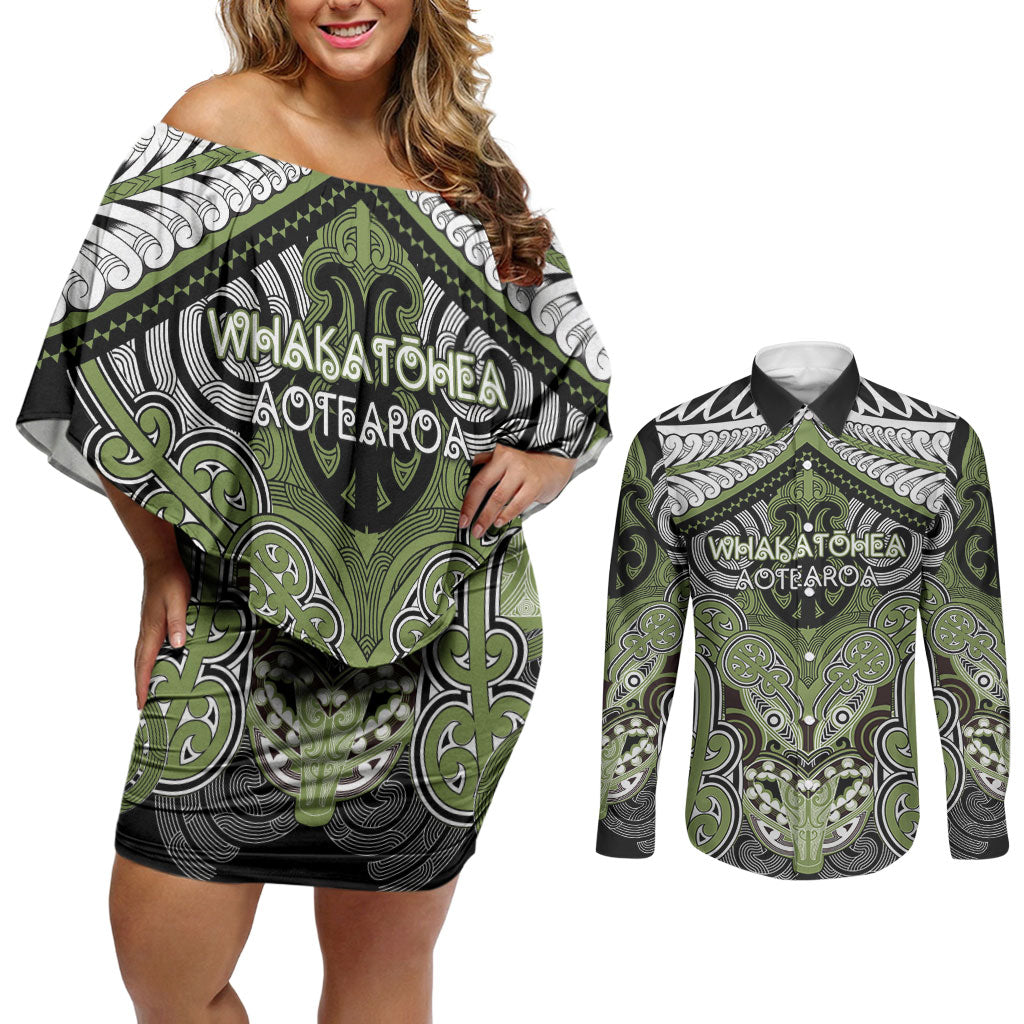 Aotearoa Iwi Whakatohea Personalised Couples Matching Off Shoulder Short Dress and Long Sleeve Button Shirt Maori Kowhaiwhai Pattern LT19 Olive Green - Polynesian Pride