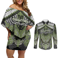 Aotearoa Iwi Whakatohea Personalised Couples Matching Off Shoulder Short Dress and Long Sleeve Button Shirt Maori Kowhaiwhai Pattern LT19 Olive Green - Polynesian Pride
