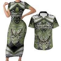 Aotearoa Iwi Whakatohea Personalised Couples Matching Short Sleeve Bodycon Dress and Hawaiian Shirt Maori Kowhaiwhai Pattern LT19 Olive Green - Polynesian Pride