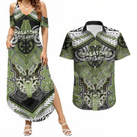 Aotearoa Iwi Whakatohea Personalised Couples Matching Summer Maxi Dress and Hawaiian Shirt Maori Kowhaiwhai Pattern LT19 Olive Green - Polynesian Pride