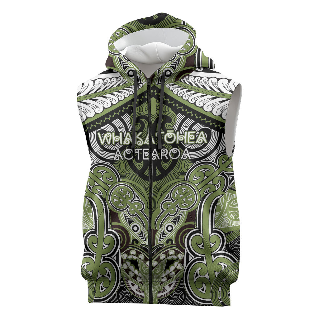 Aotearoa Iwi Whakatohea Personalised Sleeveless Zip Hoodie Maori Kowhaiwhai Pattern LT19 Olive Green - Polynesian Pride