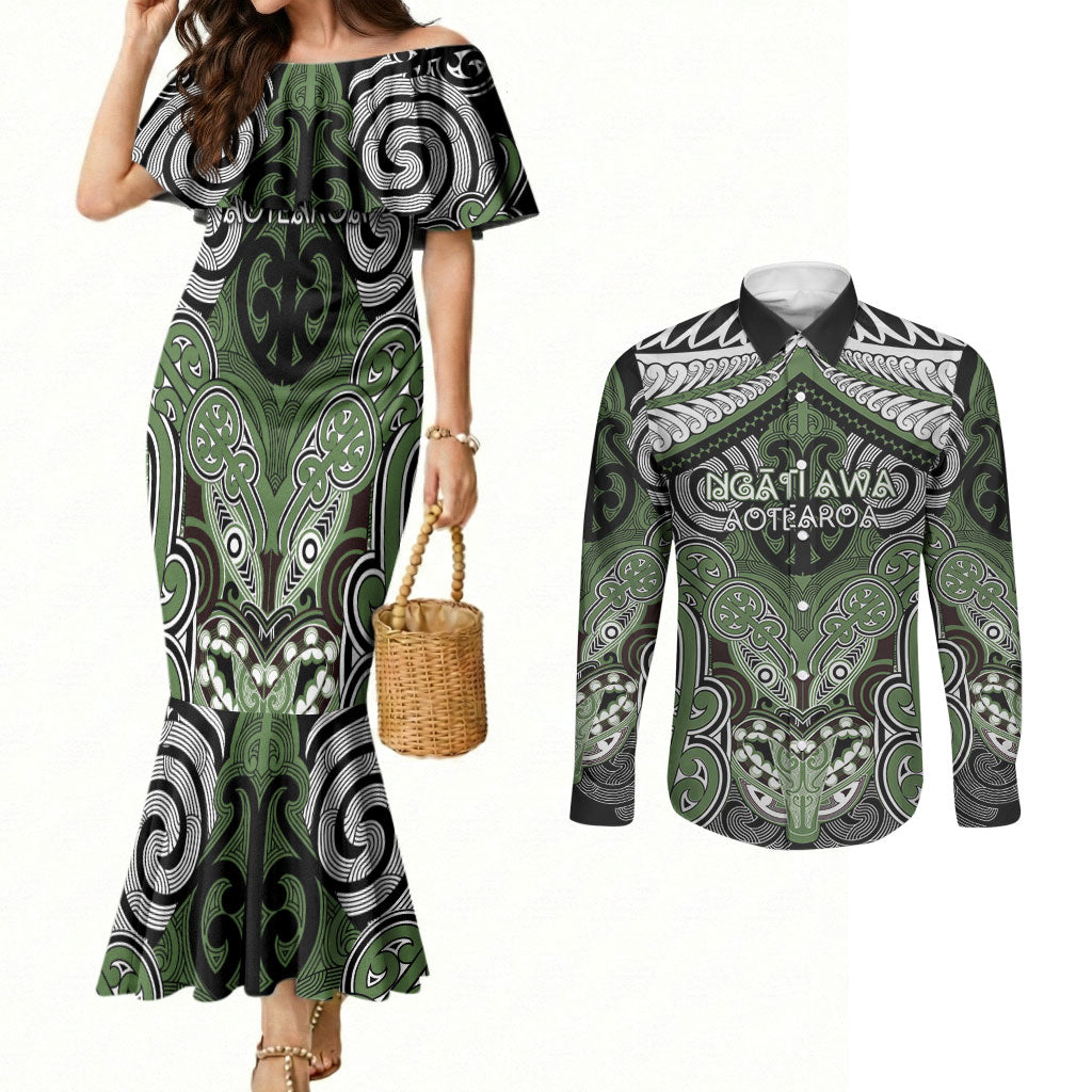 Aotearoa Iwi Ngati Awa Personalised Couples Matching Mermaid Dress and Long Sleeve Button Shirt Maori Kowhaiwhai Pattern LT19 Green - Polynesian Pride