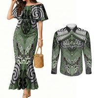 Aotearoa Iwi Ngati Awa Personalised Couples Matching Mermaid Dress and Long Sleeve Button Shirt Maori Kowhaiwhai Pattern LT19 Green - Polynesian Pride