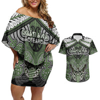 Aotearoa Iwi Ngati Awa Personalised Couples Matching Off Shoulder Short Dress and Hawaiian Shirt Maori Kowhaiwhai Pattern LT19 Green - Polynesian Pride