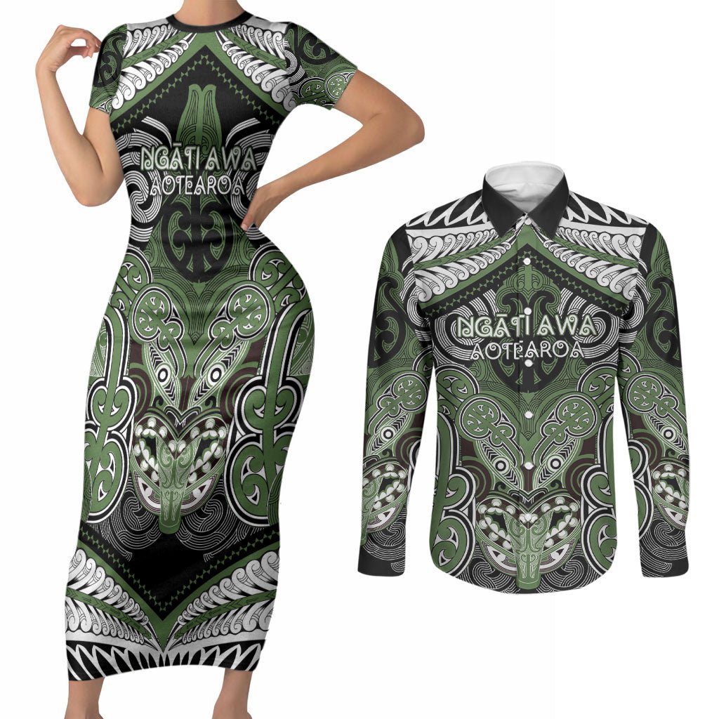 Aotearoa Iwi Ngati Awa Personalised Couples Matching Short Sleeve Bodycon Dress and Long Sleeve Button Shirt Maori Kowhaiwhai Pattern LT19 Green - Polynesian Pride