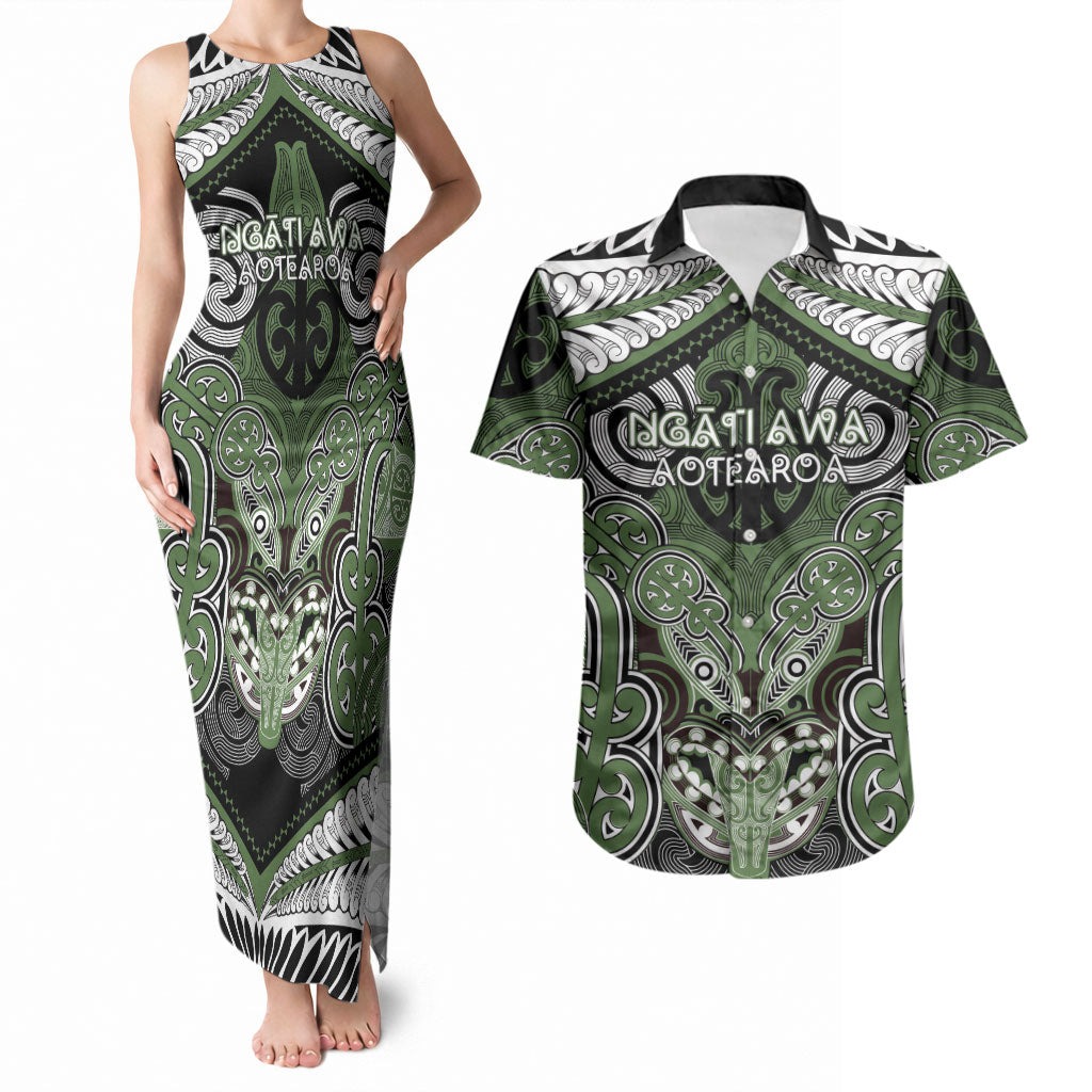 Aotearoa Iwi Ngati Awa Personalised Couples Matching Tank Maxi Dress and Hawaiian Shirt Maori Kowhaiwhai Pattern LT19 Green - Polynesian Pride