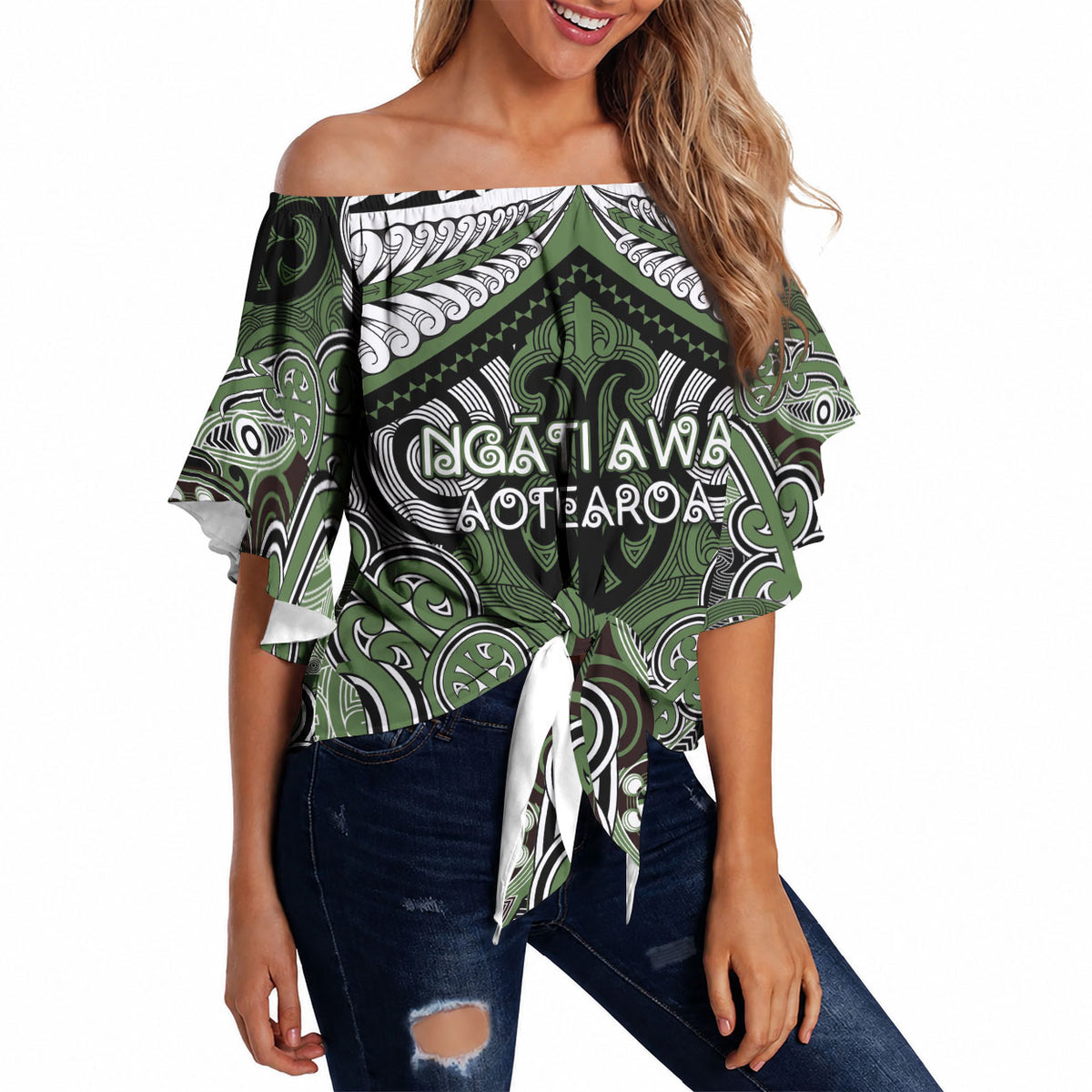 Aotearoa Iwi Ngati Awa Personalised Off Shoulder Wrap Waist Top Maori Kowhaiwhai Pattern LT19 Green - Polynesian Pride