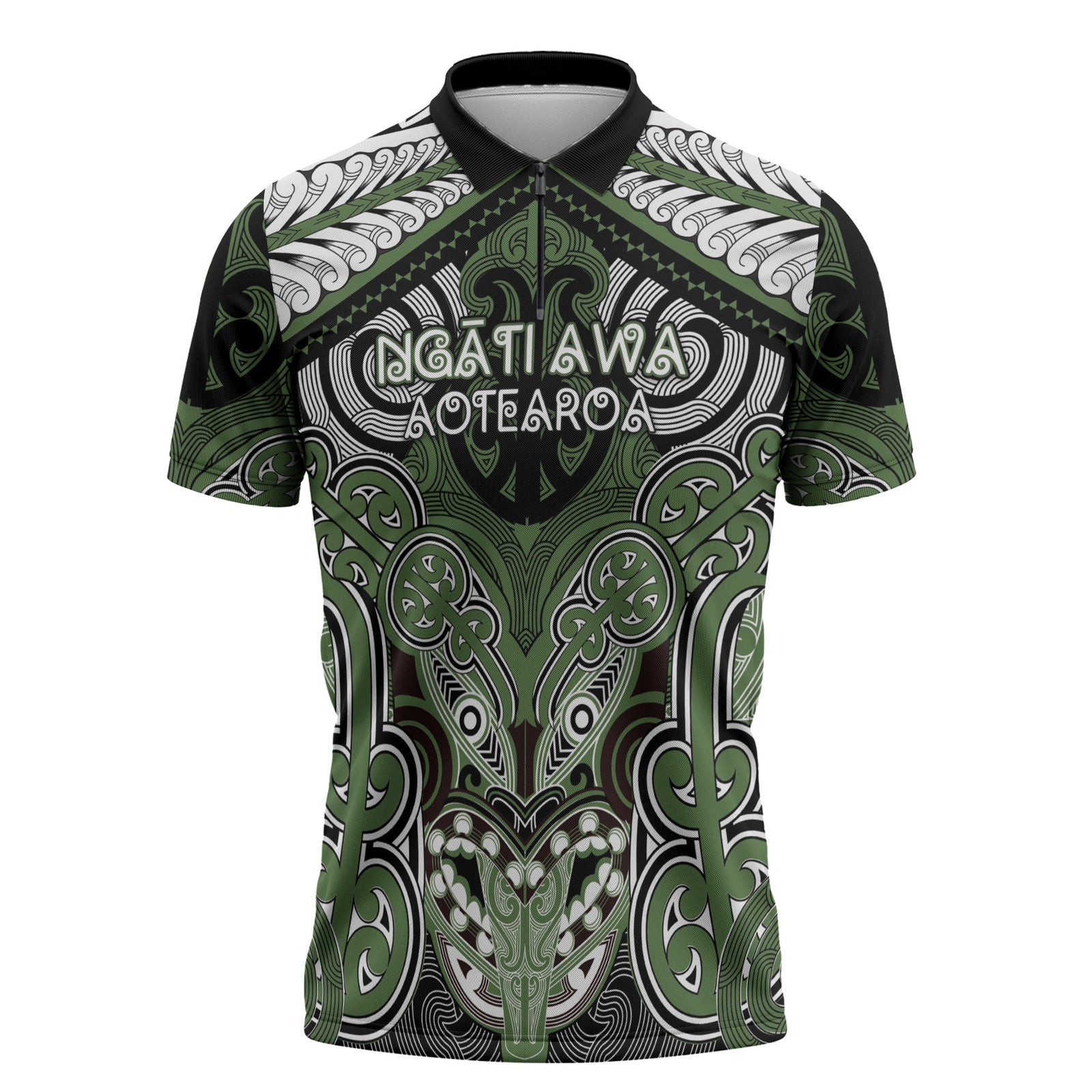 Aotearoa Iwi Ngati Awa Personalised Zipper Polo Shirt Maori Kowhaiwhai Pattern LT19 Green - Polynesian Pride