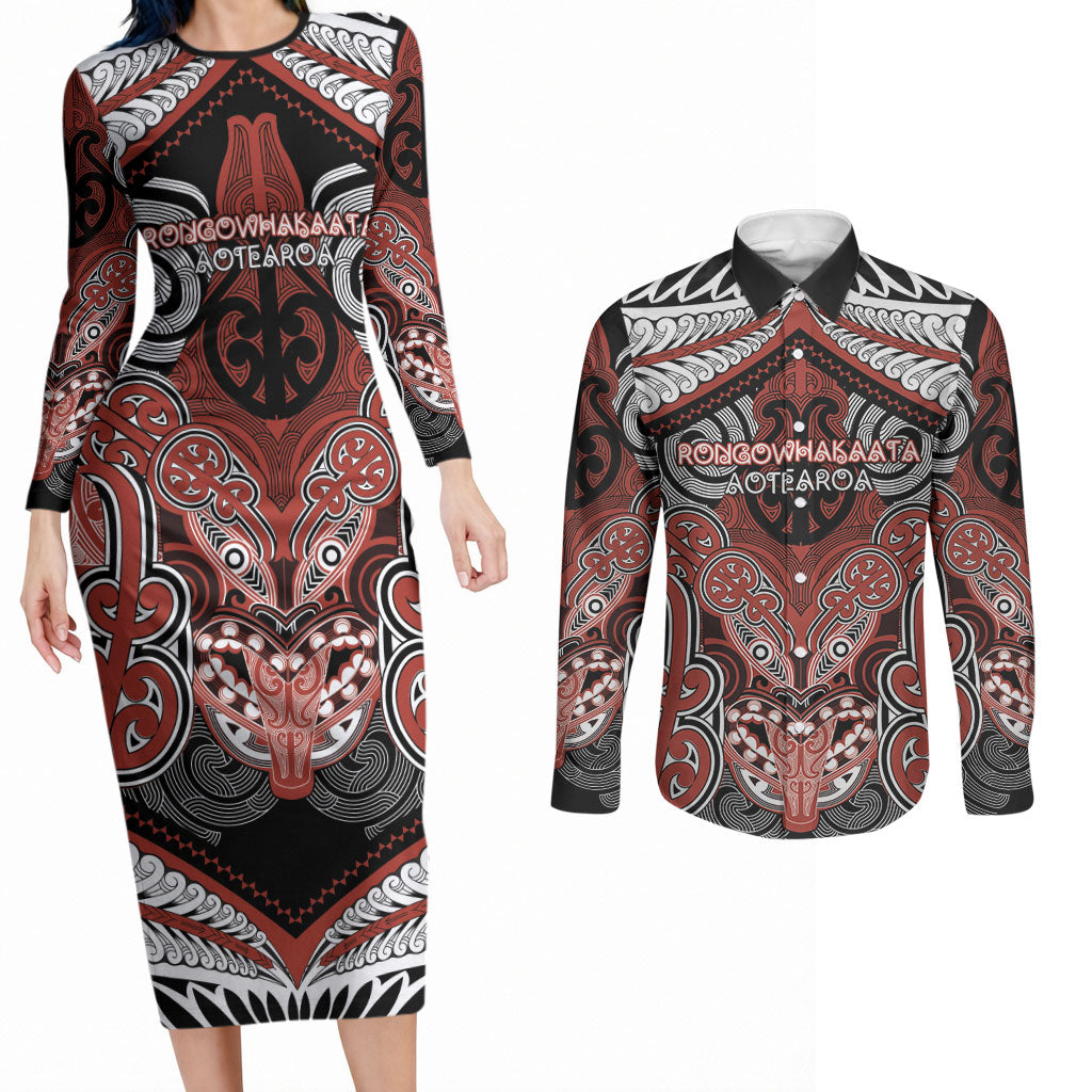Aotearoa Iwi Rongowhakaata Personalised Couples Matching Long Sleeve Bodycon Dress and Long Sleeve Button Shirt Maori Kowhaiwhai Pattern LT19 Red - Polynesian Pride