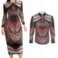 Aotearoa Iwi Rongowhakaata Personalised Couples Matching Long Sleeve Bodycon Dress and Long Sleeve Button Shirt Maori Kowhaiwhai Pattern LT19 Red - Polynesian Pride
