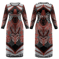 Aotearoa Iwi Rongowhakaata Personalised Couples Matching Long Sleeve Bodycon Dress and Long Sleeve Button Shirt Maori Kowhaiwhai Pattern LT19 - Polynesian Pride