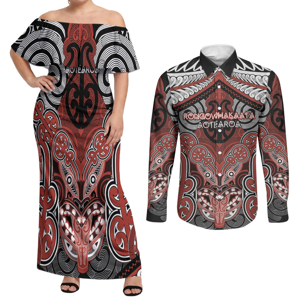 Aotearoa Iwi Rongowhakaata Personalised Couples Matching Off Shoulder Maxi Dress and Long Sleeve Button Shirt Maori Kowhaiwhai Pattern LT19 Red - Polynesian Pride