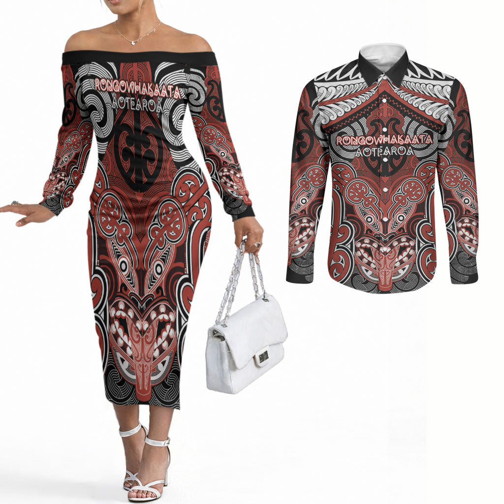 Aotearoa Iwi Rongowhakaata Personalised Couples Matching Off The Shoulder Long Sleeve Dress and Long Sleeve Button Shirt Maori Kowhaiwhai Pattern LT19 Red - Polynesian Pride
