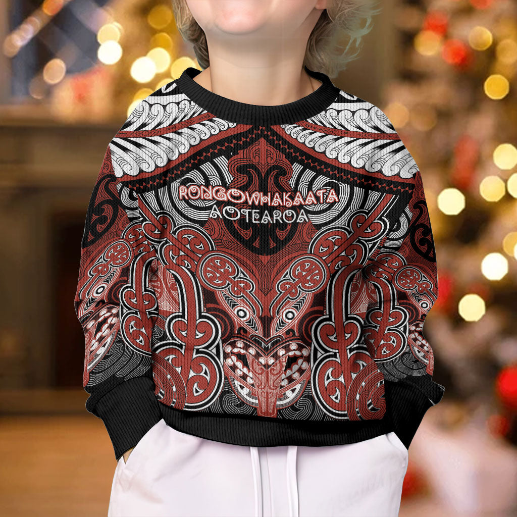 Aotearoa Iwi Rongowhakaata Personalised Kid Ugly Christmas Sweater Maori Kowhaiwhai Pattern LT19 - Polynesian Pride