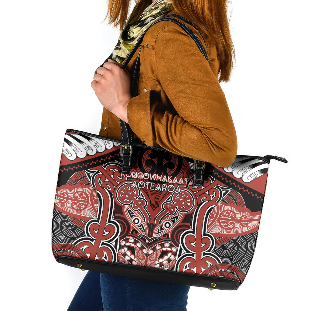 Aotearoa Iwi Rongowhakaata Leather Tote Bag Maori Kowhaiwhai Pattern