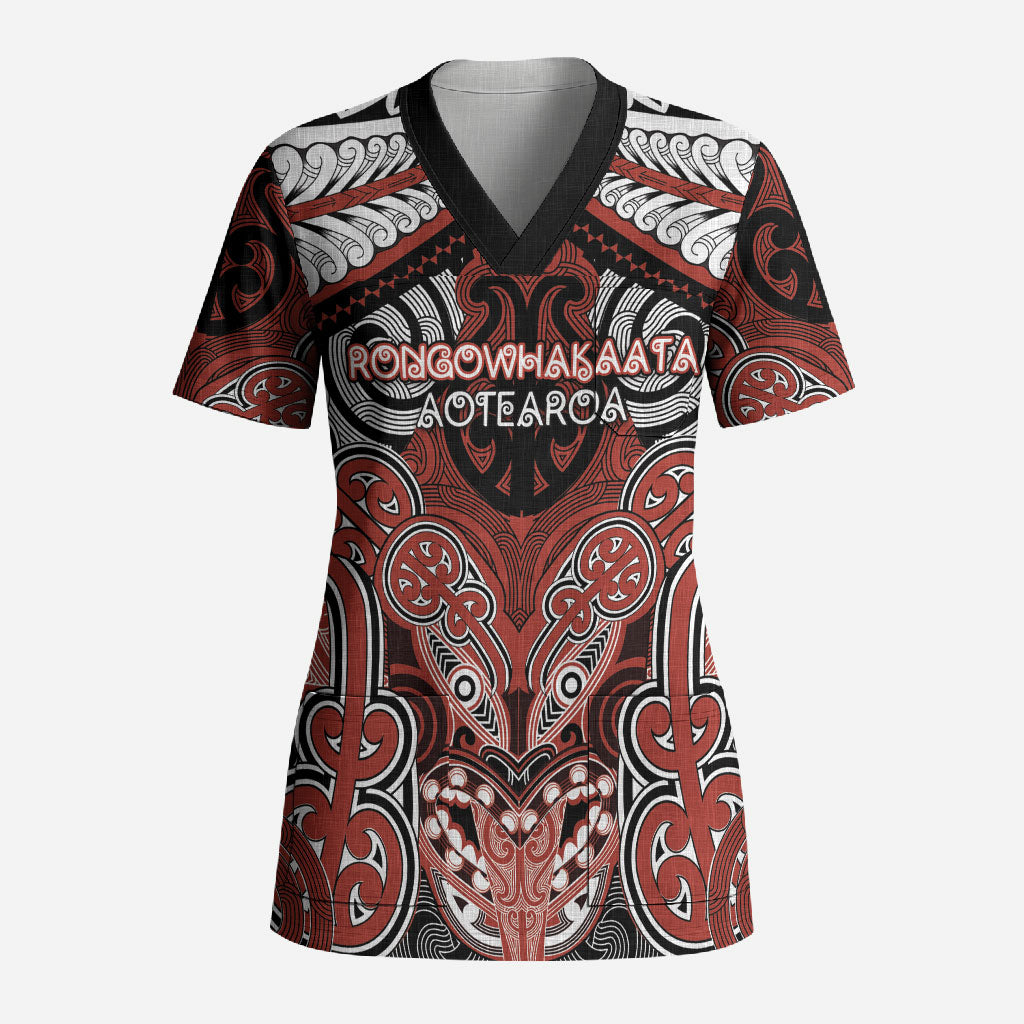 Aotearoa Iwi Rongowhakaata Personalised Scrub Top Maori Kowhaiwhai Pattern LT19 Adult Red - Polynesian Pride