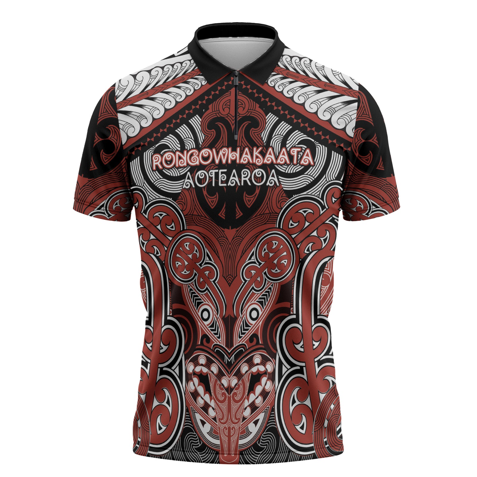 Aotearoa Iwi Rongowhakaata Personalised Zipper Polo Shirt Maori Kowhaiwhai Pattern LT19 Red - Polynesian Pride