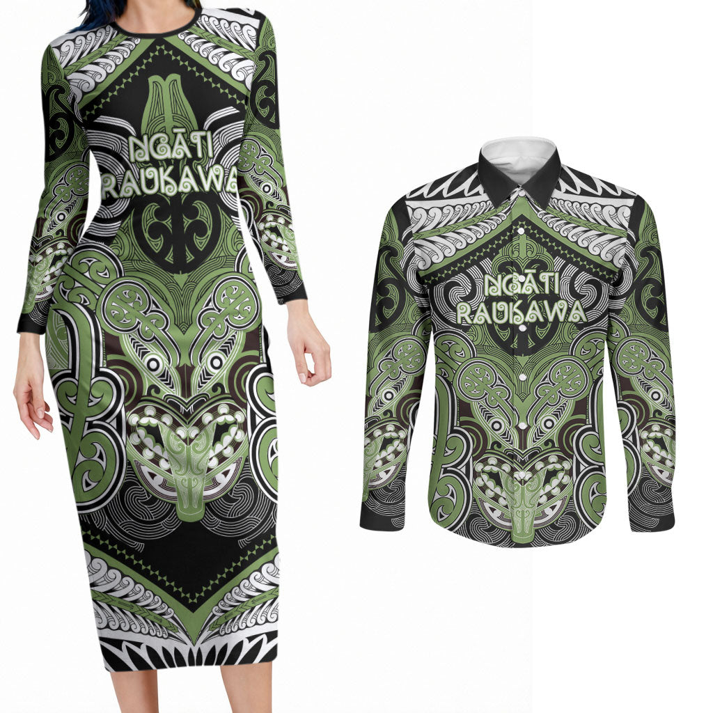 Aotearoa Iwi Ngati Raukawa Personalised Couples Matching Long Sleeve Bodycon Dress and Long Sleeve Button Shirt Maori Kowhaiwhai Pattern LT19 Green - Polynesian Pride