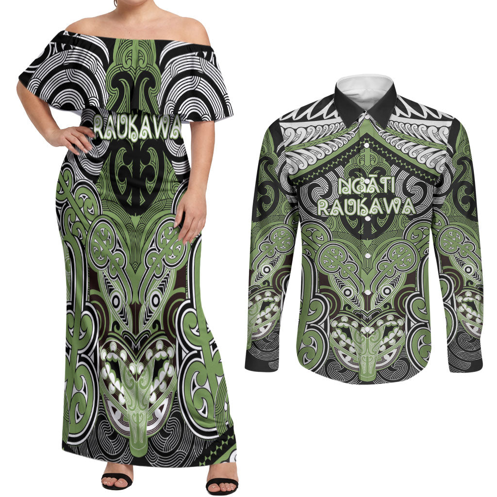 Aotearoa Iwi Ngati Raukawa Personalised Couples Matching Off Shoulder Maxi Dress and Long Sleeve Button Shirt Maori Kowhaiwhai Pattern LT19 Green - Polynesian Pride