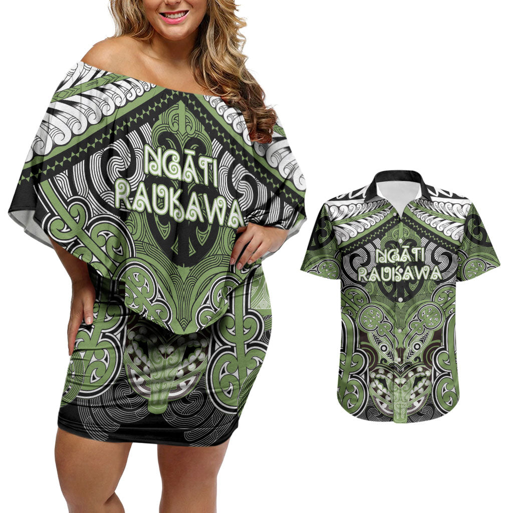 Aotearoa Iwi Ngati Raukawa Personalised Couples Matching Off Shoulder Short Dress and Hawaiian Shirt Maori Kowhaiwhai Pattern