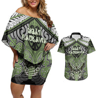 Aotearoa Iwi Ngati Raukawa Personalised Couples Matching Off Shoulder Short Dress and Hawaiian Shirt Maori Kowhaiwhai Pattern LT19 Green - Polynesian Pride