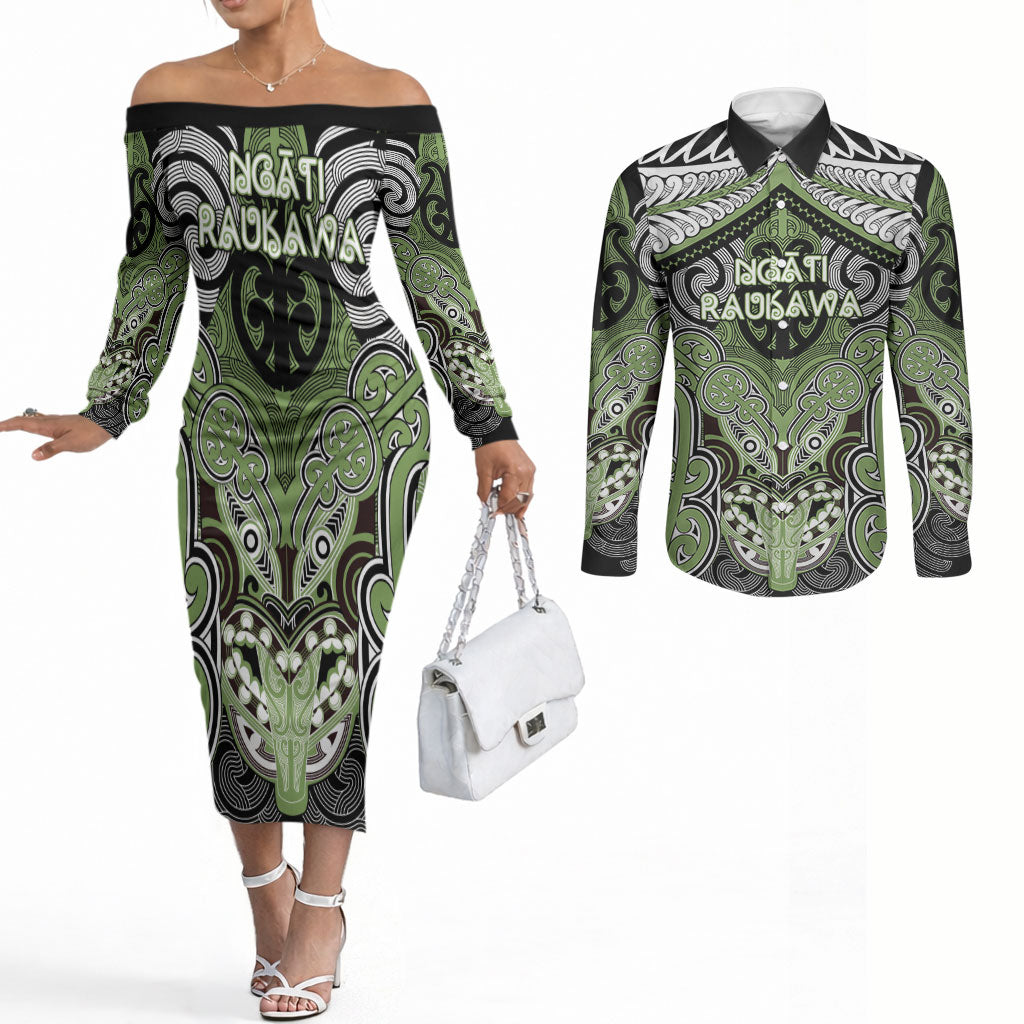 Aotearoa Iwi Ngati Raukawa Personalised Couples Matching Off The Shoulder Long Sleeve Dress and Long Sleeve Button Shirt Maori Kowhaiwhai Pattern LT19 Green - Polynesian Pride