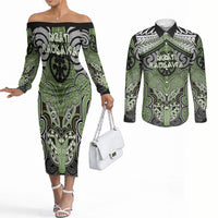 Aotearoa Iwi Ngati Raukawa Personalised Couples Matching Off The Shoulder Long Sleeve Dress and Long Sleeve Button Shirt Maori Kowhaiwhai Pattern LT19 Green - Polynesian Pride