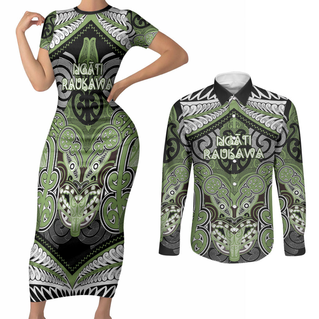 Aotearoa Iwi Ngati Raukawa Personalised Couples Matching Short Sleeve Bodycon Dress and Long Sleeve Button Shirt Maori Kowhaiwhai Pattern LT19 Green - Polynesian Pride