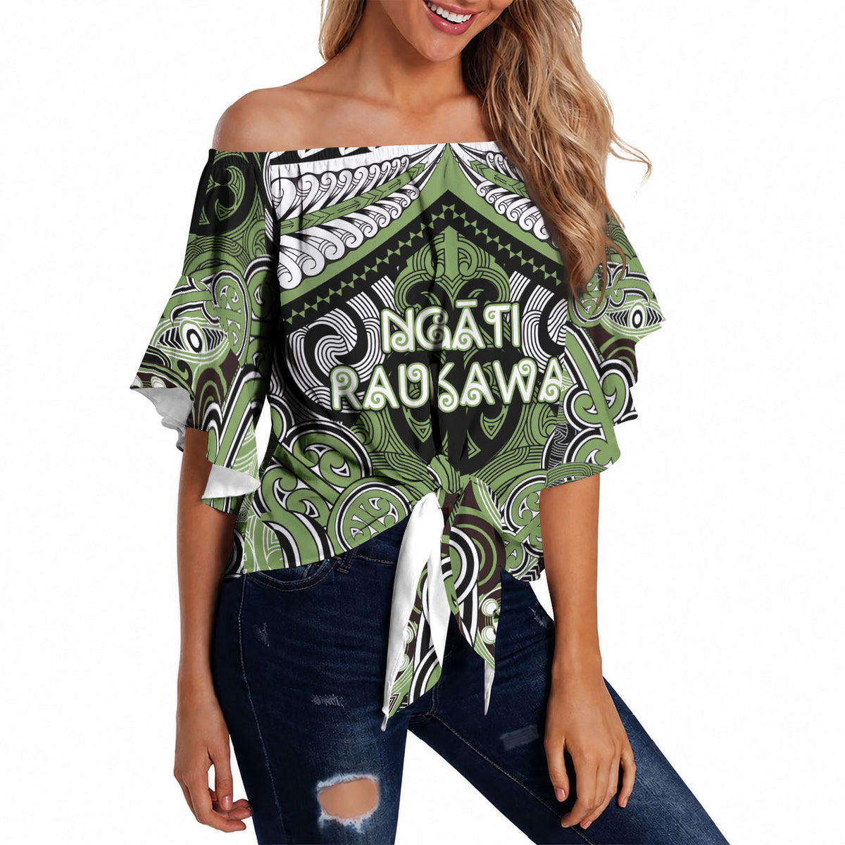 Aotearoa Iwi Ngati Raukawa Personalised Off Shoulder Wrap Waist Top Maori Kowhaiwhai Pattern LT19 Green - Polynesian Pride