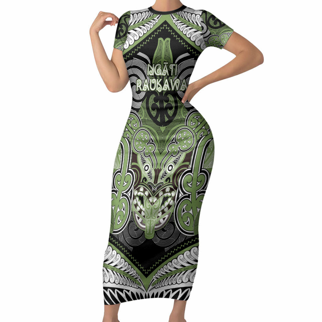 Aotearoa Iwi Ngati Raukawa Personalised Short Sleeve Bodycon Dress Maori Kowhaiwhai Pattern LT19 Long Dress Green - Polynesian Pride