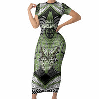 Aotearoa Iwi Ngati Raukawa Personalised Short Sleeve Bodycon Dress Maori Kowhaiwhai Pattern LT19 Long Dress Green - Polynesian Pride