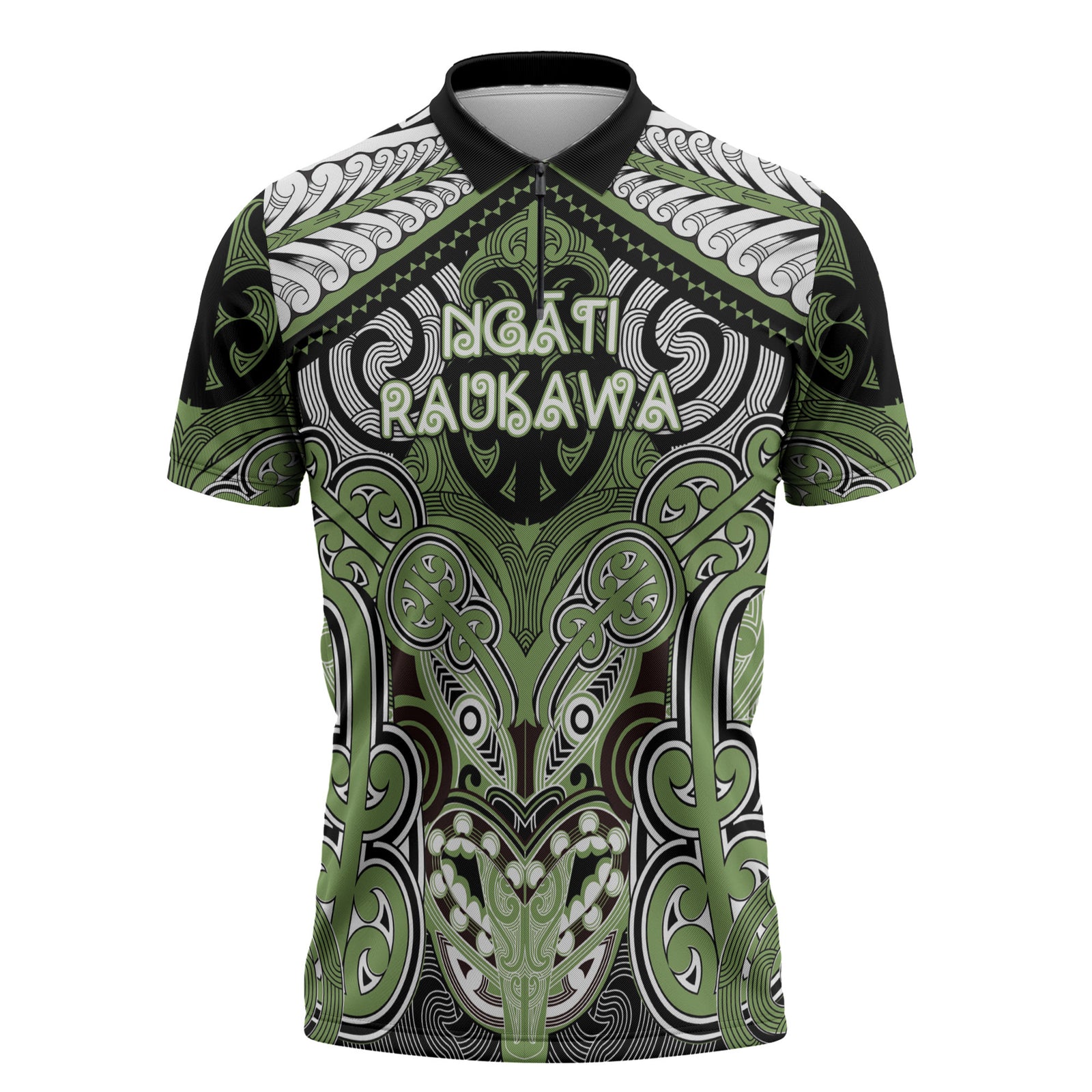 Aotearoa Iwi Ngati Raukawa Personalised Zipper Polo Shirt Maori Kowhaiwhai Pattern LT19 Green - Polynesian Pride