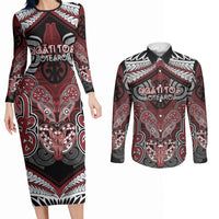 Aotearoa Iwi Ngati Toa Personalised Couples Matching Long Sleeve Bodycon Dress and Long Sleeve Button Shirt Maori Kowhaiwhai Pattern LT19 Red - Polynesian Pride