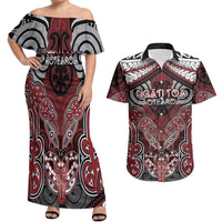 Aotearoa Iwi Ngati Toa Personalised Couples Matching Off Shoulder Maxi Dress and Hawaiian Shirt Maori Kowhaiwhai Pattern LT19 Red - Polynesian Pride