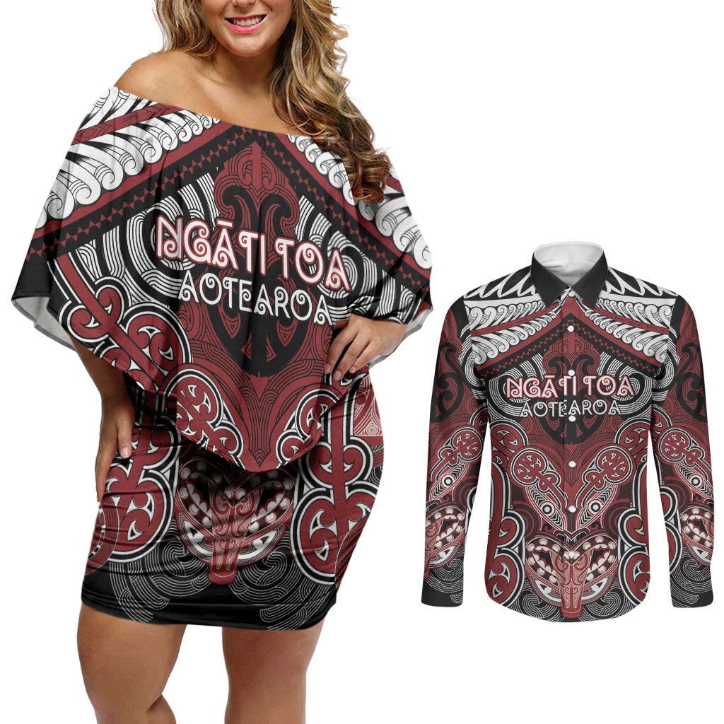 Aotearoa Iwi Ngati Toa Personalised Couples Matching Off Shoulder Short Dress and Long Sleeve Button Shirt Maori Kowhaiwhai Pattern