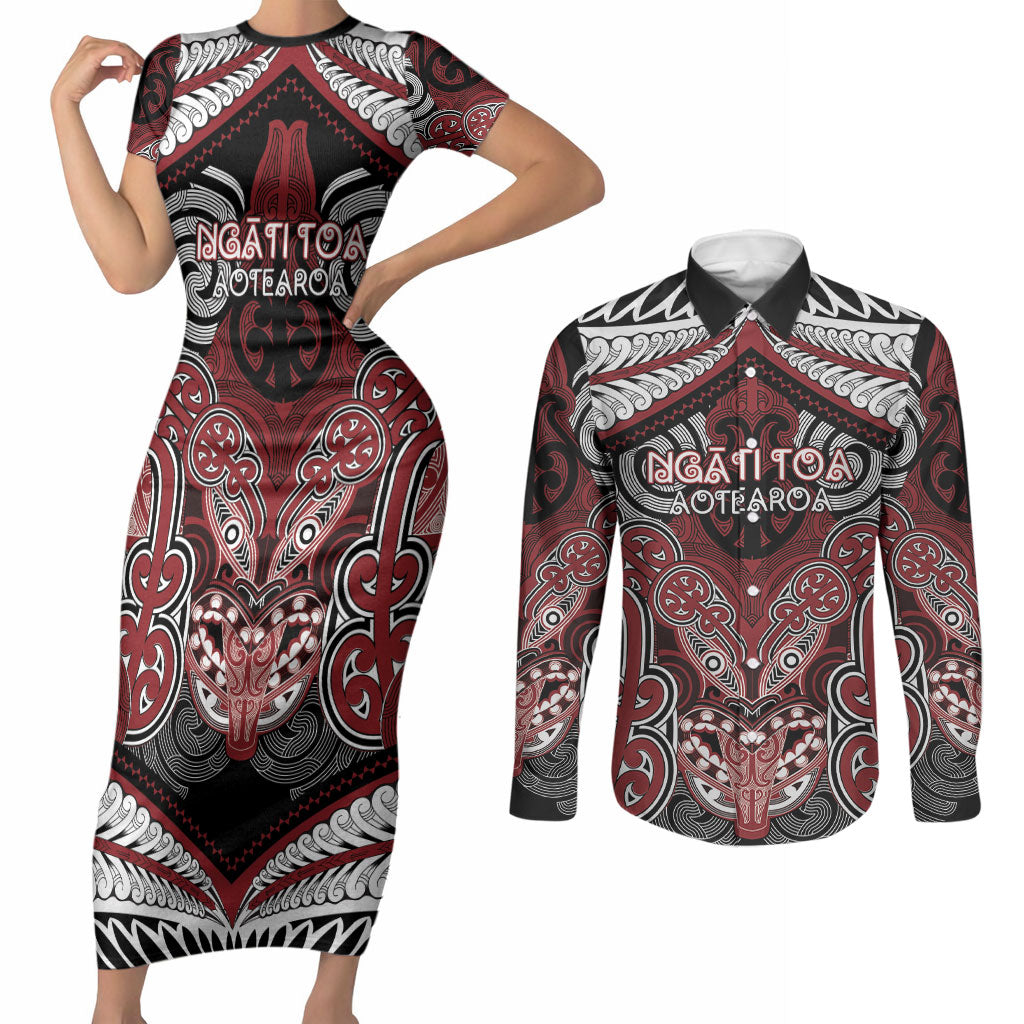 Aotearoa Iwi Ngati Toa Personalised Couples Matching Short Sleeve Bodycon Dress and Long Sleeve Button Shirt Maori Kowhaiwhai Pattern LT19 Red - Polynesian Pride