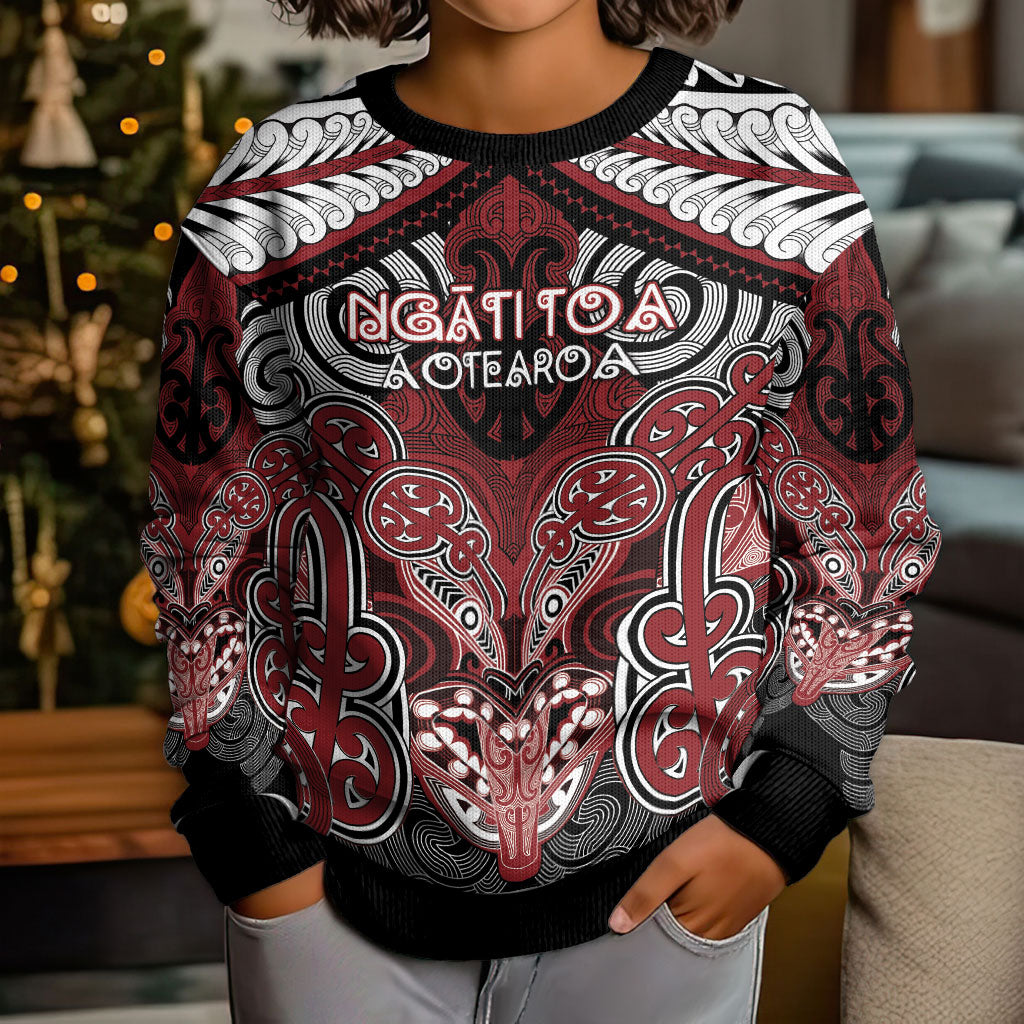 Aotearoa Iwi Ngati Toa Personalised Kid Ugly Christmas Sweater Maori Kowhaiwhai Pattern LT19 - Polynesian Pride