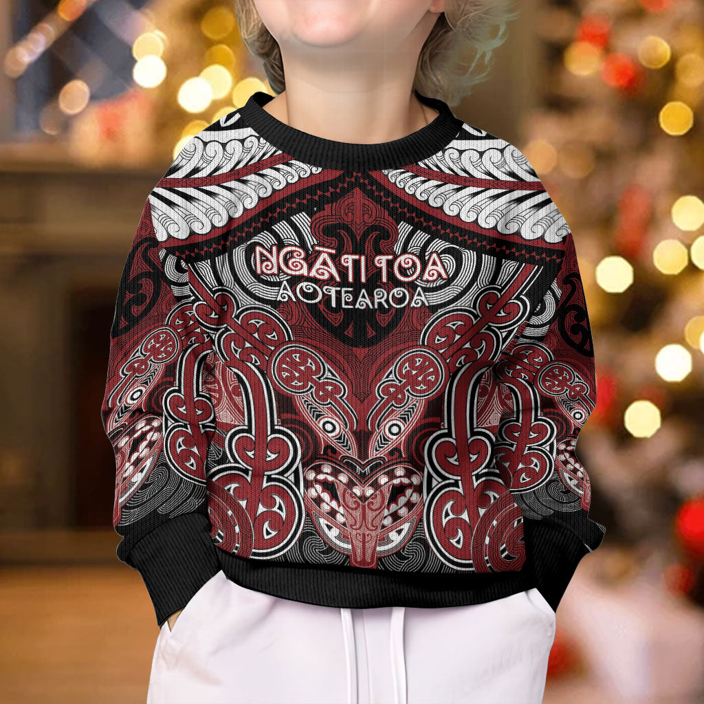 Aotearoa Iwi Ngati Toa Personalised Kid Ugly Christmas Sweater Maori Kowhaiwhai Pattern LT19 - Polynesian Pride
