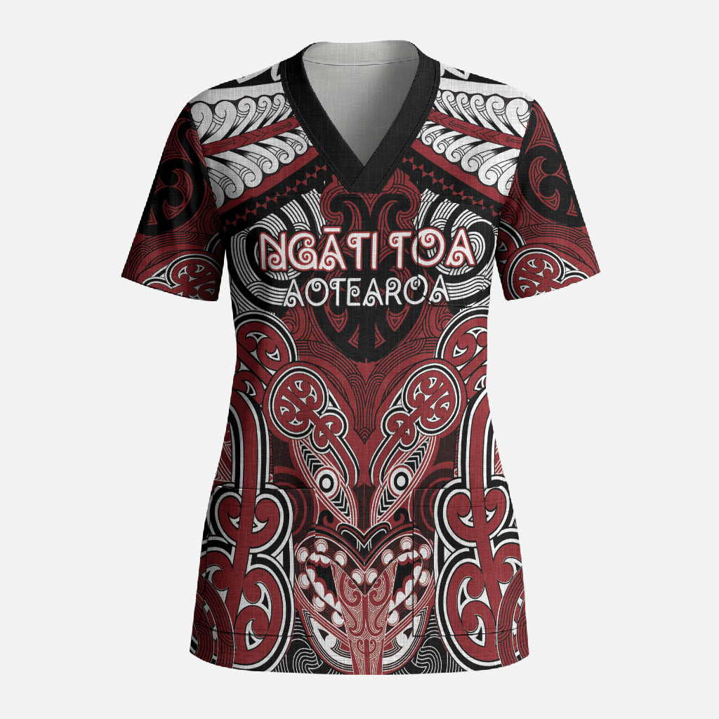 Aotearoa Iwi Ngati Toa Personalised Scrub Top Maori Kowhaiwhai Pattern LT19 Adult Red - Polynesian Pride