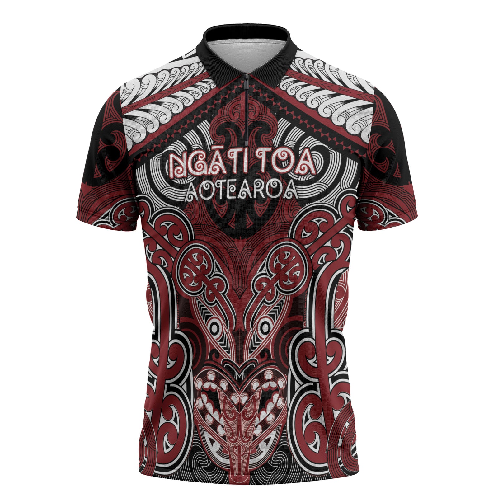 Aotearoa Iwi Ngati Toa Personalised Zipper Polo Shirt Maori Kowhaiwhai Pattern LT19 Red - Polynesian Pride