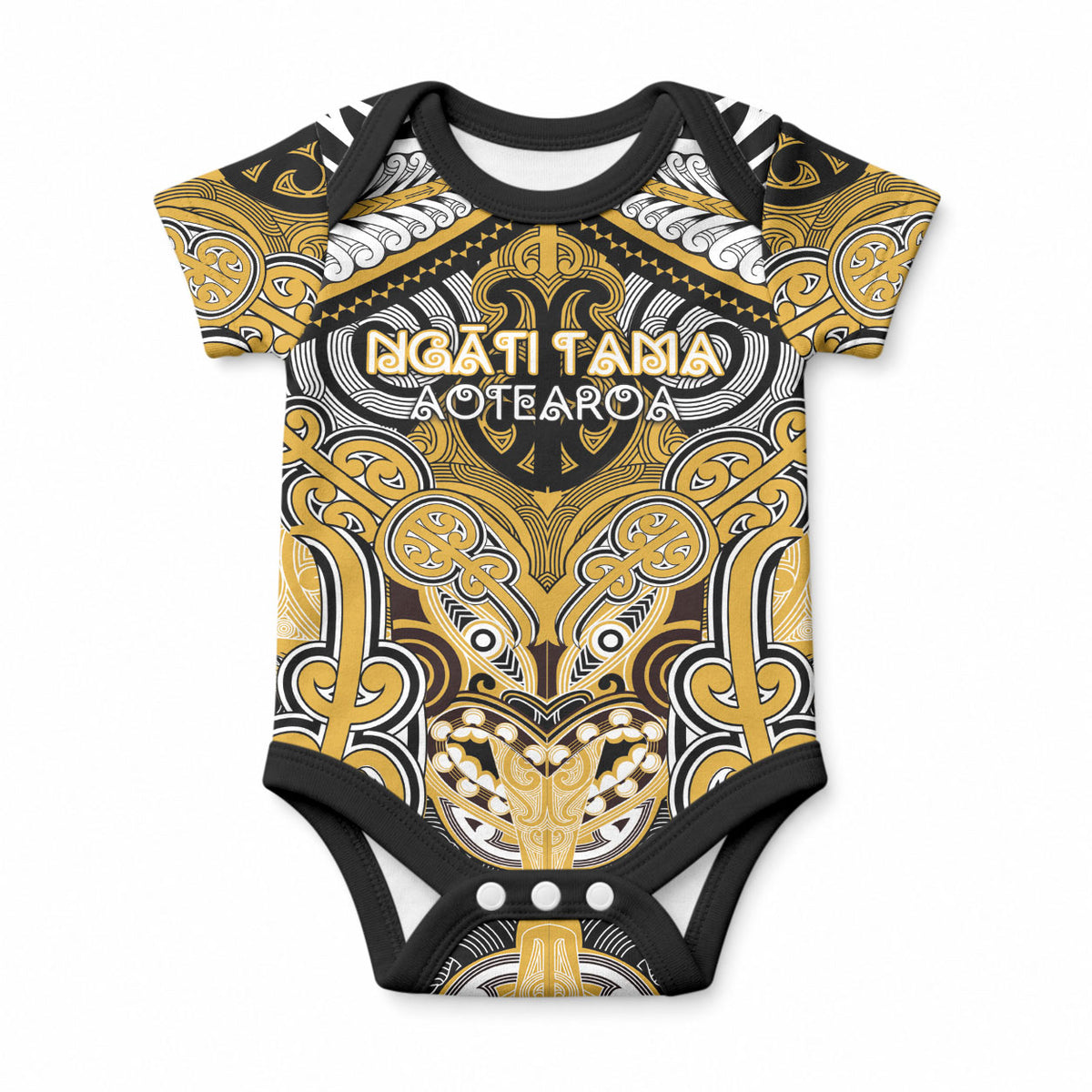 Aotearoa Iwi Ngati Tama Personalised Baby Onesie Maori Kowhaiwhai Pattern LT19 Yellow - Polynesian Pride