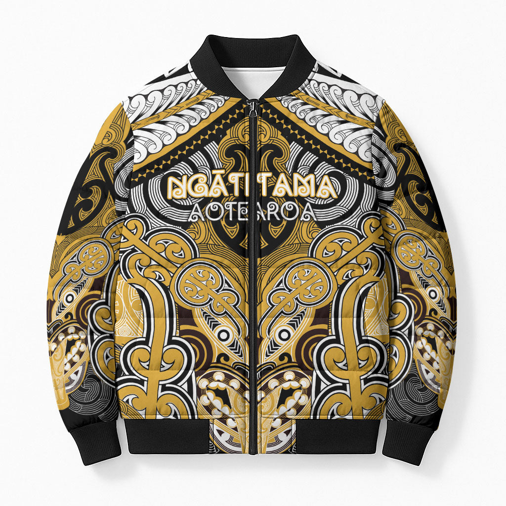 Aotearoa Iwi Ngati Tama Personalised Bomber Puffer Jacket Maori Kowhaiwhai Pattern LT19 Unisex Yellow - Polynesian Pride