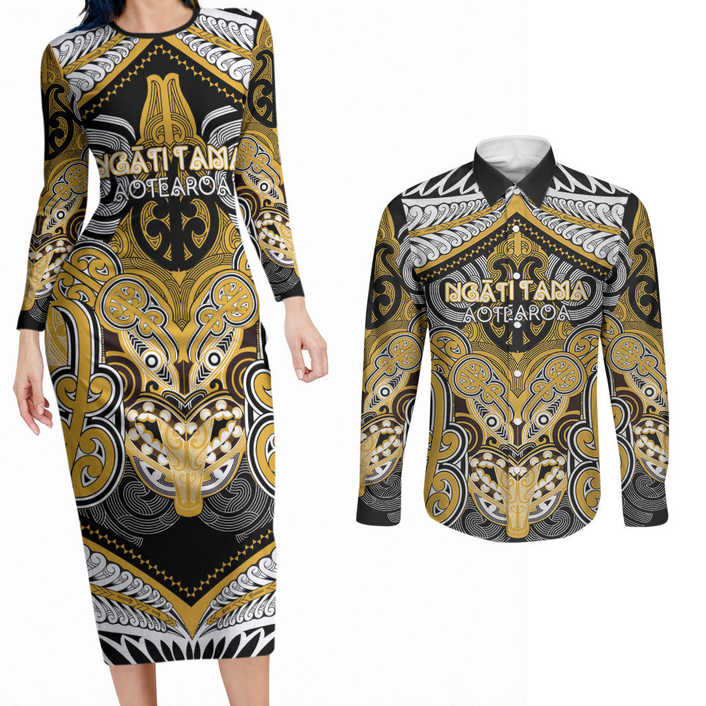 Aotearoa Iwi Ngati Tama Personalised Couples Matching Long Sleeve Bodycon Dress and Long Sleeve Button Shirt Maori Kowhaiwhai Pattern LT19 Yellow - Polynesian Pride