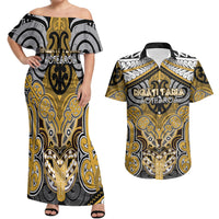 Aotearoa Iwi Ngati Tama Personalised Couples Matching Off Shoulder Maxi Dress and Hawaiian Shirt Maori Kowhaiwhai Pattern LT19 Yellow - Polynesian Pride