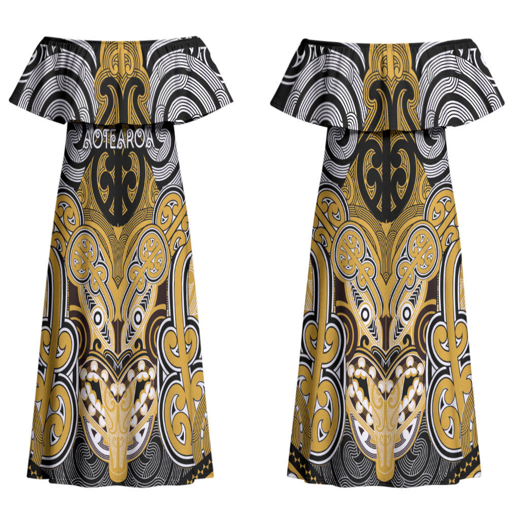 Aotearoa Iwi Ngati Tama Personalised Couples Matching Off Shoulder Maxi Dress and Long Sleeve Button Shirt Maori Kowhaiwhai Pattern LT19 - Polynesian Pride