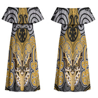 Aotearoa Iwi Ngati Tama Personalised Couples Matching Off Shoulder Maxi Dress and Long Sleeve Button Shirt Maori Kowhaiwhai Pattern LT19 - Polynesian Pride