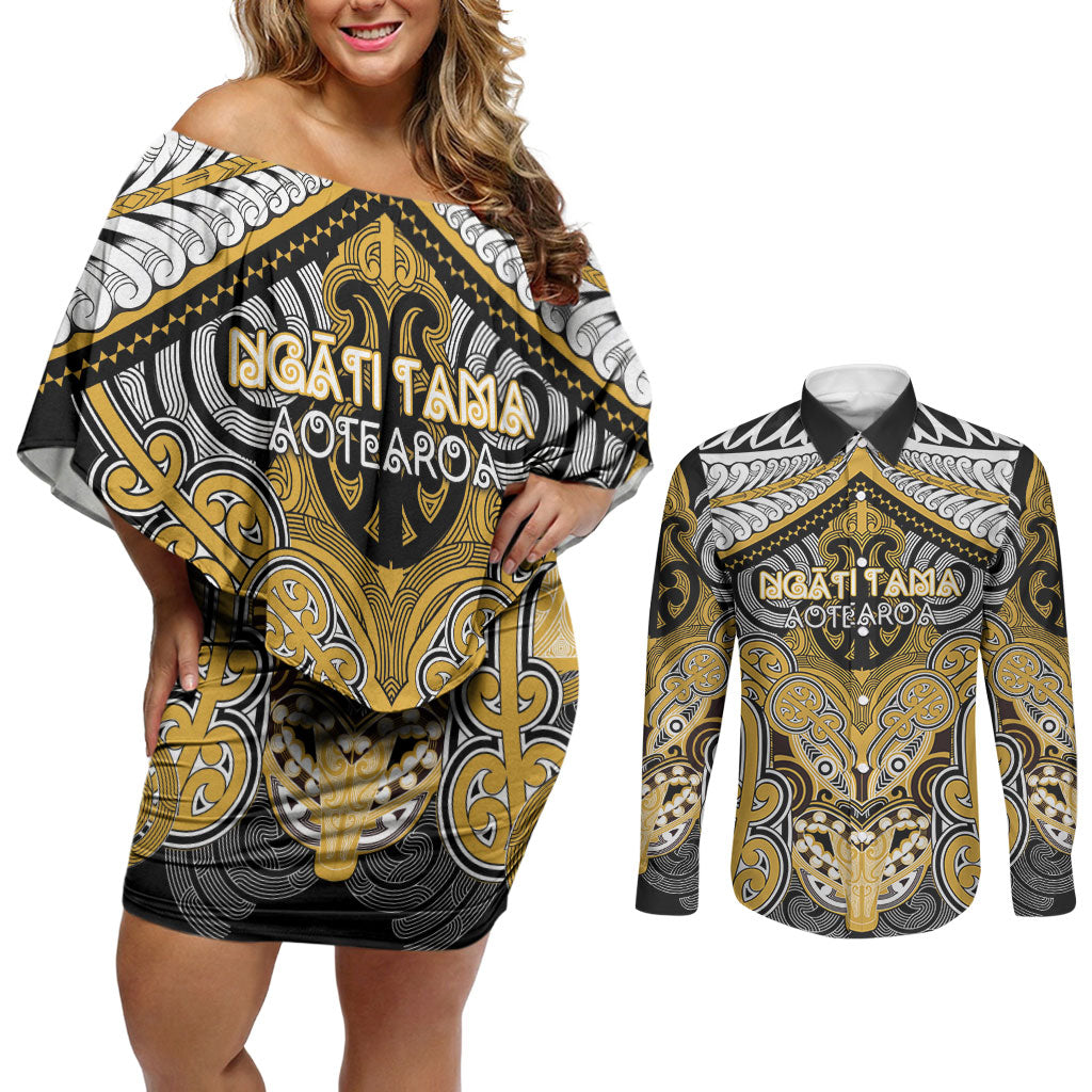 Aotearoa Iwi Ngati Tama Personalised Couples Matching Off Shoulder Short Dress and Long Sleeve Button Shirt Maori Kowhaiwhai Pattern LT19 Yellow - Polynesian Pride