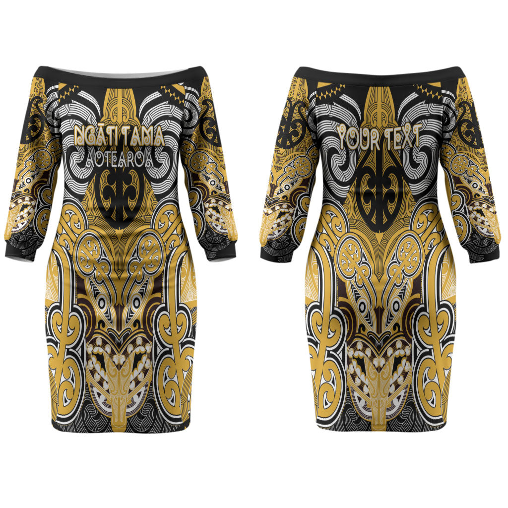 Aotearoa Iwi Ngati Tama Personalised Couples Matching Off The Shoulder Long Sleeve Dress and Long Sleeve Button Shirt Maori Kowhaiwhai Pattern LT19 - Polynesian Pride