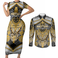 Aotearoa Iwi Ngati Tama Personalised Couples Matching Short Sleeve Bodycon Dress and Long Sleeve Button Shirt Maori Kowhaiwhai Pattern LT19 Yellow - Polynesian Pride